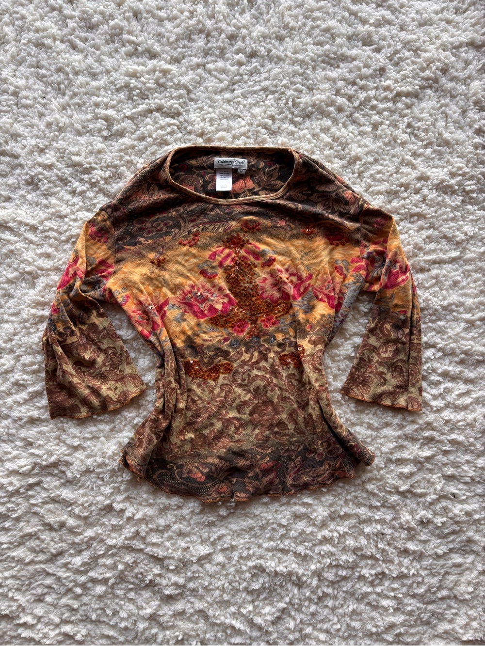 Coldwater Creek Floral Paisley Long Sleeve Top in Brown, Gold & Pink